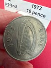 1973 Ireland 10 Pence Coin  Irish Harp  Leaping Salmon  Circulated  Actual Coin