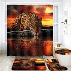 Uffae 4 Pcs Leopard Cheetah Shower Curtain Set With Rugs Toilet Lid Cover Bat