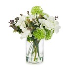 Mixed Artificial Silk Hydrangea And Greenery In Clear Glass Vase