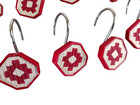 Set Of 12 Red   White Cross Stitch Style Hexagon Novelty Shower Curtain Hooks