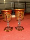 Pair Antique Baccarat Empire Cranberry Cut-to-clear Gold Gilt Wine Glasses