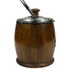 Vintage English Biscuit Barrel Oak Wood  Silverplate Trim  Porcelain Liner 6  H