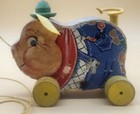Vintage Pull Toy Mid 1900 Pudgy Pig Wooden Mechanical Fisher Price Action Figure