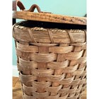 Vtg Woven Wood Splint Corner Laundry Hamper Basket Rustic Lid Leather Handles