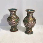 Vtg Set Of 2 Chinese Cloisonne Enamel Over Copper Floral 3    Vases Multi-color