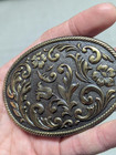 Vintage Usa Made 1970s Belt Buckle Western Engraved Brass Cowboy Floral