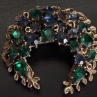 Vintage Signed Coro Green Blue Rhinestone Crescent Wreath Brooch Gold Tone