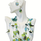 Green Necklace Earrings Set Glass Bead  Blue Art Whimsical Flowers