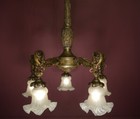 Antique Art Deco Bronze Chandelier 5 Light Satined Glass C 1920 21 26   