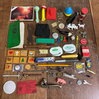 Antique Vintage Modern 60 Pc Junk Drawer Lot Toys Keychains Tools Coins Notebook