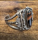 Sterling Silver Petrified Wood Cuff Bracelet - Vtg Southwestern Fred Harvey Era