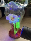 Antique Victorian Hand Blown Uranium Glass Swirl Vase Glowing Applied Flower
