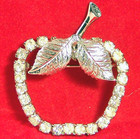 Vintage Pin Apple Fruit Shaped Leaf Crystal Rhinestone Silvertone Metal Brooch