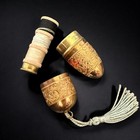 Antique German Sewing Kit Purse Travel Victorian Egg Etched Gilded Brass Pendant