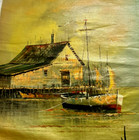  38 Harbor Nautical Seaport House Canvas Original Oil Painting Boat Dock Antique