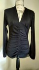 Bisou Bisou Black V-neck Ruched Pleated Long Sleeve Nylon Blouse Size Medium