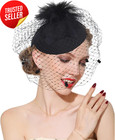 Black Fascinator Hat 20s 50s Derby Pillbox With Feather Veil For Tea Party