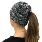 Black   White  Pepper Women Ponytail Messy Bun Beanie Pony Tail Knit Stretch Hat