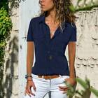 Womens Button Down Short Sleeve Shirt Summer V Neck Slim Fit T-shirt Top Blouse