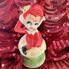 Vintage Bisque Pixie Elf   Ladybug Sitting On A Mushroom Porcelain Figurine Red