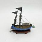 Chinese 925 Silver Filigree And Enamel Miniature Ship Figurine Mid Century