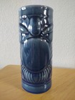Vtg 60s Libbey Mug Tiki Totem Blue Glazed Ceramic Hawaiian Motif Glass