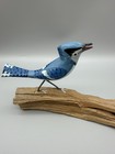 Blue Jay Bird Hand Carved On Driftwood Base Painted Figurine Sculpture Folk Art