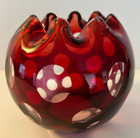 Bohemian Czech Crystal 5    Rose Bowl Cranberry Cut To Clear Glass Polka Dot