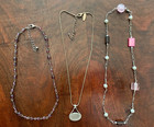 Trio Of Vintage Silver Tone Necklaces Pink Cat Eye  Pearl  Beads  Purple
