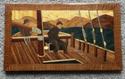 Vintage Original Hand Made Inlaid Wood Plaque Of Sailors On Boat