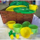 Vintage 60s Gothamware Picnic Ware Set In Basket Plate Cup Salt Pepper Usa