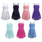 Girls Sleeveless Criss Cross Splice Mesh Leotard Dress Latin Ballet Dancewear