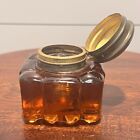 Antique Inkwell Amber Molded Glass Copper brass Lid Top Square Cut Glass Ink Pot