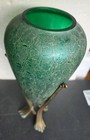 Vintage Silvestri Mouth Blown Glass Green Iridescent Crackle Vase On Brass Stand