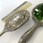 Vintage Vanity Set Silver Plate 3 Piece Hand Mirror Brush Comb Engraved Heavy