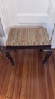 Antique Wooden Rectangular Footstool Striped Upholstered Top Carved Details