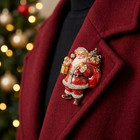 Christmas Santa Claus Brooch Rhinestone Crystal Holiday Pin Gold Jewelry Gift