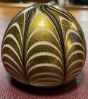 Vintage Murano Art Glass Gold Foil  White  Black Pulled Feather Paperweight Euc