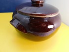 Vintage Stoneware Bean Pot W  Lid  8  Dia   Brown Glaze
