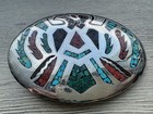 Vtg Hand Made Engraved Eagle Turquoise Coral Abalone Inlay Western Belt Buckle