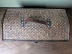 Vintage Wooden Brown Woven Sewing Box Basket Metal Latch Leather Handle
