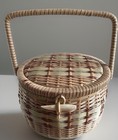 Vintage Woven Wicker Sewing Round Basket Box   Contents
