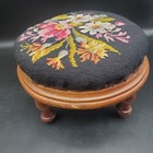 Vtg Floral Needlepoint Footstool Wooden Vanity Stool Foot Rest Black Background