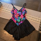 Vintage 80s 90s Neon Floral Swim Dress Skirted One Piece Swimsuit Retro Bright S