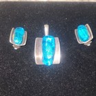 Silver Tone Signed Blue Glass Pendant Necklace   Clip On Earrings Set