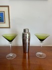 Vintage Cocktail Shaker    2  Vintage Martini Glasses Green Etched Glass Set