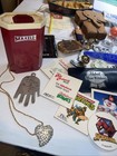 Junk Drawer Lot  Vintage Coins  Ribbons  Jewlery  Toys  Cards 