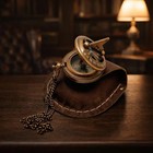 Brass Sundial Pocket Compass With Leather Case   Chain     Vintage Antique Style
