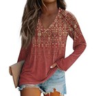 Women s Fashion Loose T-shirt V-neck Long Sleeve Vintage Floral Print Casual Top