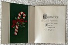 Unused Christmas Candy Cane Pair Red Green Berry Bow Greeting Card 1940s 1950s